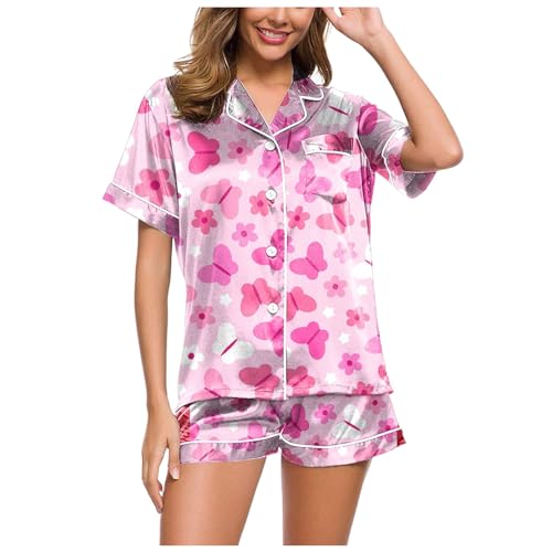 Schlafanzug Damen Satin, Pyjama Damen Kurz Sexy, Pyjama-Set Zweiteilige Kurz Nachtwäsche Revers mit Knopf Loungewear Leicht Lounge Kurzarm Sleepshirt und Schlafhose Bademantel Gedrucktes 2024 von Eauptffy