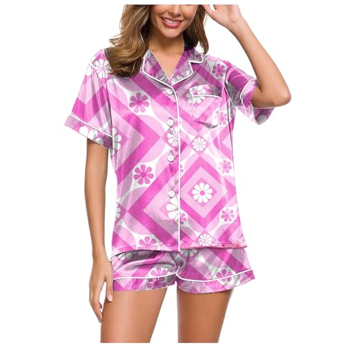 Schlafanzug Damen Satin, Pyjama Damen Kurz Sexy, Pyjama-Set Zweiteilige Kurz Nachtwäsche Revers mit Knopf Loungewear Leicht Lounge Kurzarm Sleepshirt und Schlafhose Bademantel Gedrucktes 2024 von Eauptffy