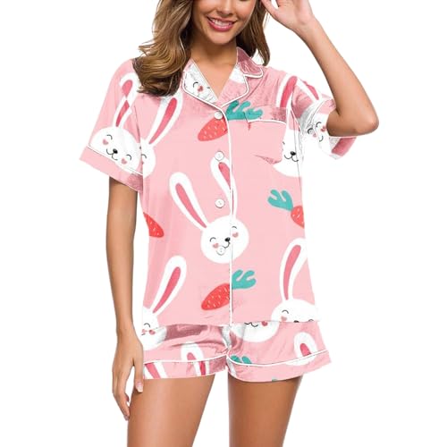 Schlafanzug Damen Sommer, Damen Pyjama Sommer, Pyjama-Set Kurz Zweiteilige Nachtwäsche Set Revers mit Knöpfen Nightwear Bequeme Lässige Kurzarm T Shirt und Schlafshorts Morgenmantel Gedruckt 2024 von Eauptffy