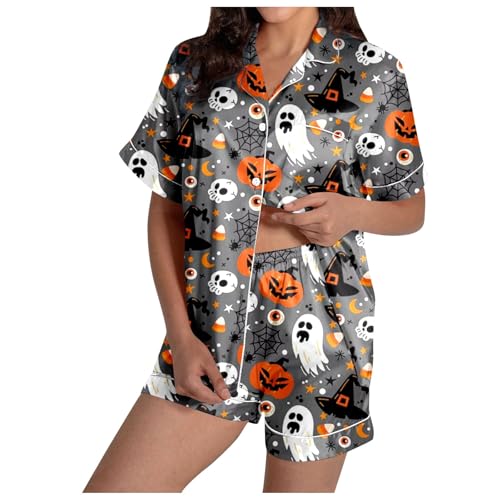 Schlafanzug Damen Sommer, Pyjama Damen Satin, Pyjama-Set Kurz Zweiteiliges Nachtwäsche Turnup mit Knöpfe Nightwear Kuschelig Beiläufig Kurzarm Top und Pyjamahose Schlafoverall Gedrucktes Halloween von Eauptffy