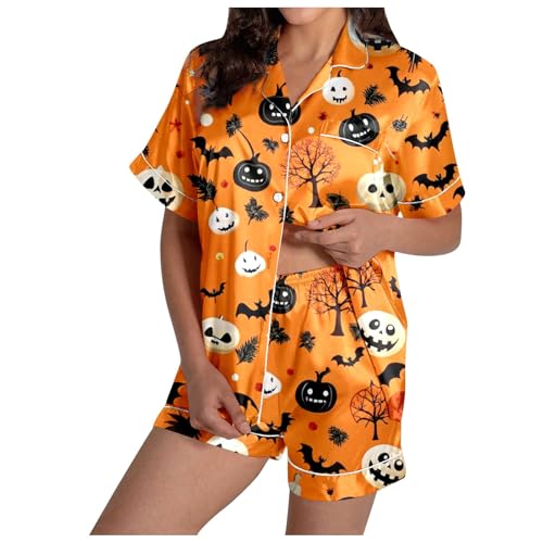 Schlafanzug Damen Sommer, Pyjama Damen Satin, Pyjama-Set Kurz Zweiteiliges Nachtwäsche Turnup mit Knöpfe Nightwear Kuschelig Beiläufig Kurzarm Top und Pyjamahose Schlafoverall Gedrucktes Halloween von Eauptffy