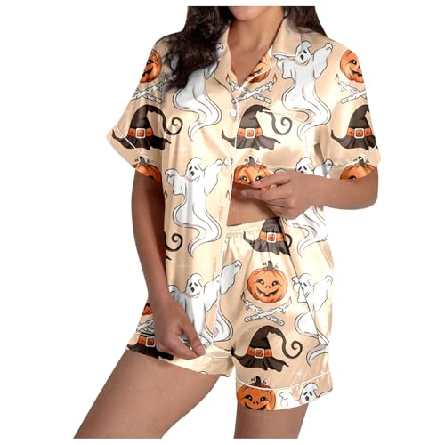 Schlafanzug Damen Sommer, Pyjama Damen Satin, Pyjama-Set Kurz Zweiteiliges Nachtwäsche Turnup mit Knöpfe Nightwear Kuschelig Beiläufig Kurzarm Top und Pyjamahose Schlafoverall Gedrucktes Halloween von Eauptffy