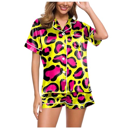 Schlafanzug Damen Sommer, Pyjama Set Damen Kurz, Pyjama-Set Shorty Zweiteilige Nachtwäsche Set Turnup mit Knopf Nightwear Lounge Bequeme Kurzarm Oberteil und Schlafhose Nachtkleid Gedruckter Sommer von Eauptffy