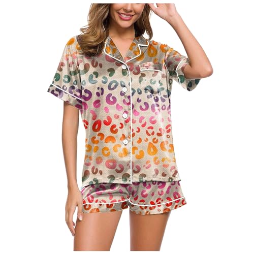 Schlafanzug Damen Sommer, Womens Pyjamas, Pyjamas Set Shorty Zweiteilige Nachtwäsche Set Reverskragen mit Knöpfen Homewear Leichter Casual Kurzarm Oberteil und Short Negligé Bedruckter Halloween von Eauptffy