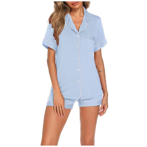 Schlafanzug Mädchen, Damen Shorty Pyjama Kurz, Pyjamas Set Kurz Zweiteiliger Nachtwäsche Set mit Knopf Turnup Nachtkleidung Kuschelig Lässiges Kurzarm Oberteil und Schlafhose Bademantel Solid 2024 von Eauptffy