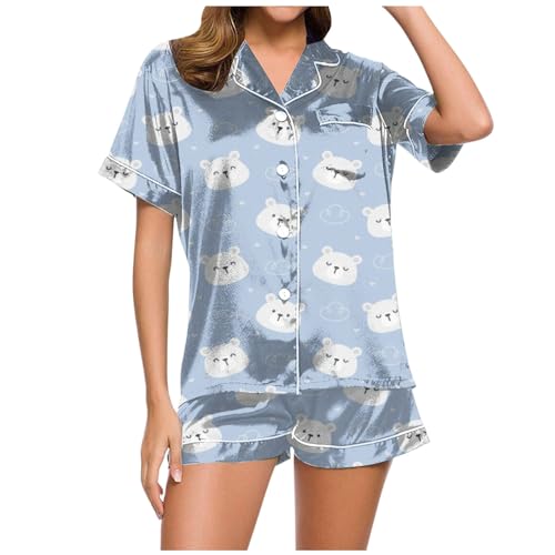 Schlafanzug Mädchen, Pyjama Set Damen Kurz, Pyjama-Set Shorty Zweiteilige Nachtwäsche Set mit Knöpfe Turnup Homewear Leicht Lässig Kurzarm Sleepshirt und Schlafhose Schlafoverall Aufdruck Sommer von Eauptffy