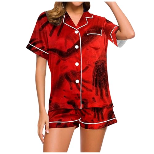 Schlafanzug Mädchen Kurz, Musselin Pyjama Damen, Pyjamas Set Shorty Zweiteiliger Nachtwäsche mit Knöpfe Reverskragen Loungewear Lässig Leicht Kurzarm T Shirt und Short Negligé Gedruckte Sommer von Eauptffy