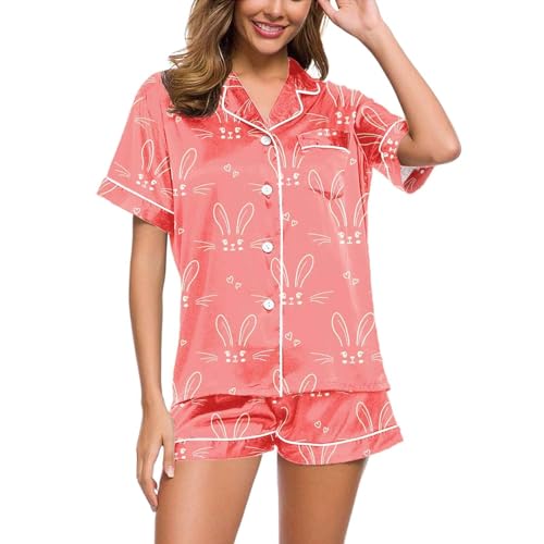 Schlafanzug Mädchen Kurz, Pyjama Set Damen Kurz, Pjs Sets Kurz Zweiteiler Nachtwäsche Set mit Knopf Reverskragen Nightwear Lässiges Komfort Kurzarm Shirt und Pyjamahose Negligé Gedruckte Sommer von Eauptffy