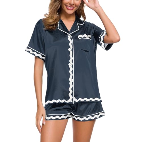 Schlafanzug Mädchen Kurz, Pyjama Set Damen Kurz, Pyjamas Zweiteiler Kurz Nachtwäsche mit Knopfleiste Revers Sleepwear Casual Leichter Kurzarm Shirt und Schlafhose Nachtkleid Gradient Halloween von Eauptffy