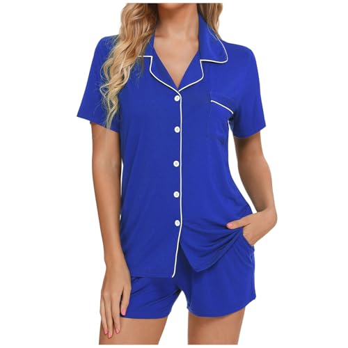 Schlafanzug Sommer Damen, Pyjama Damen, Schlafanzüge Kurz Zweiteilige Nachtwäsche Set Umlegekragen mit Knopfleiste Loungewear Bequemer Casual Kurzarm Shirt und Schlafshort Negligé Einfarbig Sommer von Eauptffy