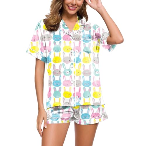 Schlafanzug Sommer Damen, Pyjama Damen Sommer, Pyjamas Zweiteilige Shorty Nachtwäsche Set mit Knopfleiste Umlegekragen Homewear Lounge Bequeme Kurzarm T Shirt und Short Nachtkleid Bedrucktes 2024 von Eauptffy