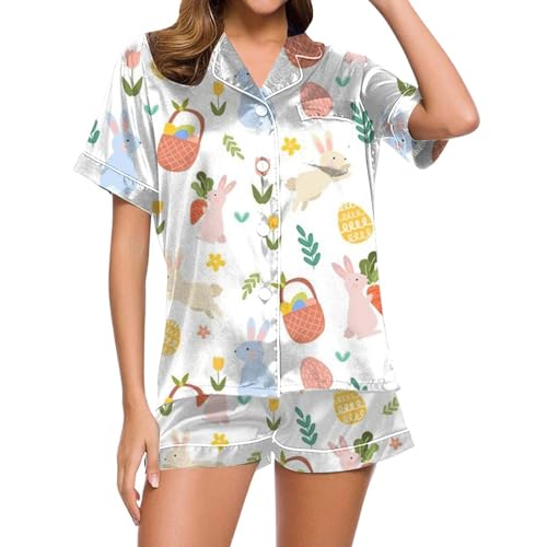 Schlafanzug Sommer Damen, Pyjama Set Damen, Pyjama Set Zweiteiliger Kurz Nachtwäsche Set mit Knöpfe Umlegekragen Nightwear Lässiges Leichter Kurzarm Shirt und Schlafhosen Negligé Gedruckter Sommer von Eauptffy