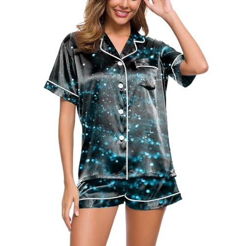 Schlafanzug Sommer Damen, Pyjama Set Damen, Pyjama Set Zweiteiliges Shorty Nachtwäsche Set Revers mit Knöpfen Sleepwear Lounge Komfort Kurzarm T Shirt und Short Nachtkleid Gedruckte Halloween von Eauptffy