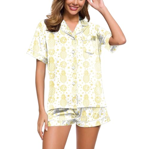 Schlafanzug Sommer Damen, Pyjama Set Damen, Pyjama Set Zweiteiliges Shorty Nachtwäsche Set Revers mit Knöpfen Sleepwear Lounge Komfort Kurzarm T Shirt und Short Nachtkleid Gedruckte Halloween von Eauptffy