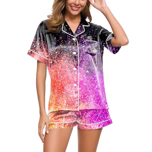 Schlafanzug Teenager Mädchen, Damen Pyjama Kurz, Schlafanzüge Kurz Zweiteilige Nachtwäsche Set Revers mit Knöpfe Nightwear Leichter Freizeit Kurzarm Top und Schlafshorts Bademantel Druck 2024 von Eauptffy