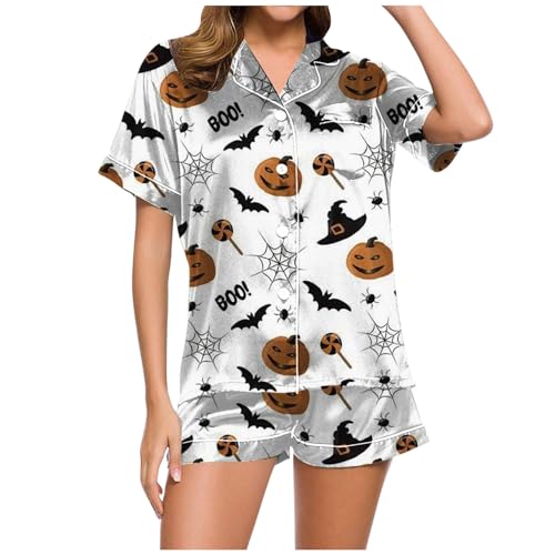 Schlafanzug Teenager Mädchen, Pyjama Damen Sommer, Pjs Zweiteiliges Shorty Nachtwäsche mit Knopfleiste Revers Nightwear Komfort Lässiger Kurzarm Nachthemd und Kurze Hosen Negligé Aufdruck Halloween von Eauptffy