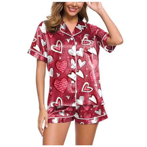 Schlafanzug Teenager Mädchen, Pyjama Set Damen, Pyjama-Set Shorty Zweiteiler Nachtwäsche Turnup mit Knopfleiste Nachtkleidung Bequeme Beiläufig Kurzarm Top und Pyjamahose Negligé Gedruckt Halloween von Eauptffy