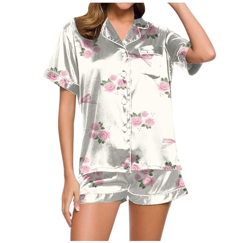 Sommer Schlafanzug Damen, Pyjama Damen Satin, Pjs Zweiteiliger Kurz Nachtwäsche Set mit Knopfleiste Reverskragen Sleepwear Lässiges Leichte Kurzarm T Shirt und Schlafshorts Negligé Drucken Sommer von Eauptffy