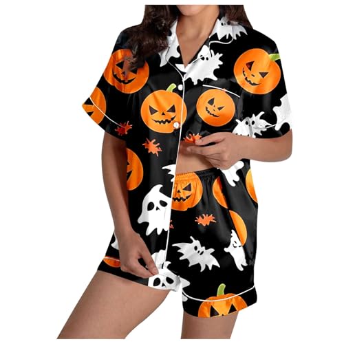 Sommer Schlafanzug Damen, Pyjama Damen Satin, Schlafanzüge Zweiteiler Kurz Nachtwäsche Set mit Knöpfe Turnup Loungewear Komfort Lounge Kurzarm Top und Schlafshorts Morgenmantel Aufdruck Halloween von Eauptffy