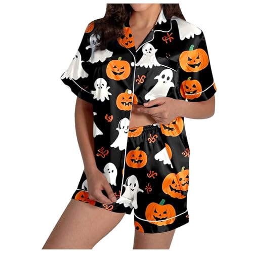 Sommer Schlafanzug Damen, Pyjama Damen Satin, Schlafanzüge Zweiteiler Kurz Nachtwäsche Set mit Knöpfe Turnup Loungewear Komfort Lounge Kurzarm Top und Schlafshorts Morgenmantel Aufdruck Halloween von Eauptffy