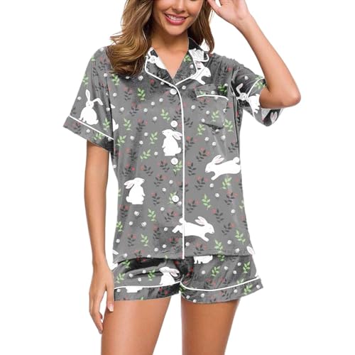 Sommer Schlafanzug Damen, Pyjama Damen Sommer, Schlafanzüge Zweiteilige Kurz Nachtwäsche mit Knöpfe Revers Sleepwear Freizeit Leicht Kurzarm Sleepshirt und Pyjamahose Schlafoverall Gedruckt Sommer von Eauptffy