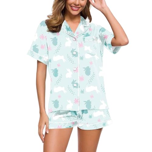 Sommer Schlafanzug Damen, Pyjama Damen Sommer, Schlafanzüge Zweiteilige Kurz Nachtwäsche mit Knöpfe Revers Sleepwear Freizeit Leicht Kurzarm Sleepshirt und Pyjamahose Schlafoverall Gedruckt Sommer von Eauptffy