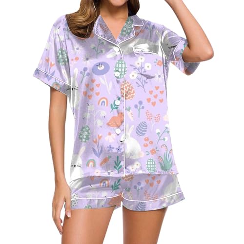 Sommer Schlafanzug Damen, Shorty Pyjama Damen, Pyjama-Set Shorty Zweiteiler Nachtwäsche mit Knopfleiste Turnup Nightwear Lounge Bequeme Kurzarm Oberteil und Schlafhose Schlafoverall Gedruckte 2024 von Eauptffy