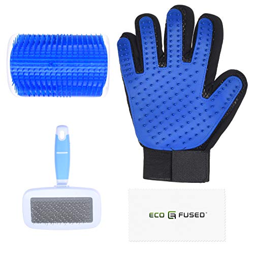 Eco-Fused Bürstenset für Katzen - 1x Katzen Massageecke, 1x blauer glatter Pinsel, 1 Tierpflegehandschuh (Rechte Hand) – Für langes und kurzes Fell - Pet Mitt, Wide Comb und Corner Groomer von Eco-Fused