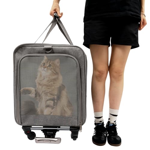 Ecoggeder Tiertransportbox mit Rädern Max Tragfähigkeit Etwa 17.5kg Tiertrolley-Tasche Super Belüftetes Tiertransporttasche für Katzen oder Hunde Camping, Frühlingsausflügen Grau von Ecoggeder