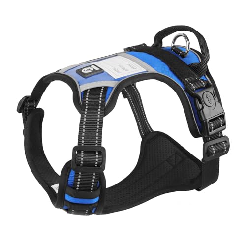 Ectkuee Hundegeschirr, Hundegeschirr für Grosse Hunde, Freigabe am Hals, Vorderseite Rückseite Clips Hundegeschirr Einstellbar Reflektierend（blau XL） von Ectkuee