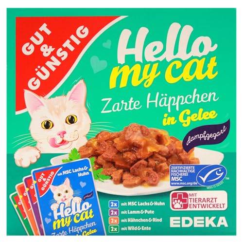 Gut & Günstig Hello My Cat Zarte Häppchen in Gele Katzenfutter in 4 Geschmacksrichtungen, 8er Pack (8 x 800g) von Edeka