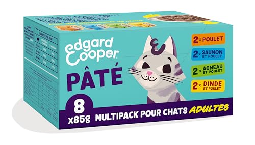 Edgard Cooper Nassfutter für Katzen, Multipack, (Huhn/Lachs/Truthahn/Lamm, 8 x 85 g), für sterilisierte oder aktive Katzen, frisches Fleisch mit natürlichen Zutaten von Edgard Cooper