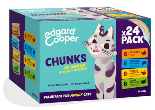 Edgard Cooper Nassfutter für Katzen in Sauce, Multipack mit 4 Geschmäcken, (24 x 85g, Huhn, Lachs, Truthahn, Lamm), für sterilisierte oder aktive Katzen, Frischfleisch mit natürlichen Zutaten von Edgard Cooper