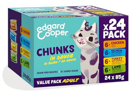 Edgard Cooper Nassfutter für Katzen in Sauce, Multipack mit 4 Geschmäcken, (24 x 85g, Huhn, Lachs, Truthahn, Lamm), für sterilisierte oder aktive Katzen, Frischfleisch mit natürlichen Zutaten von Edgard Cooper