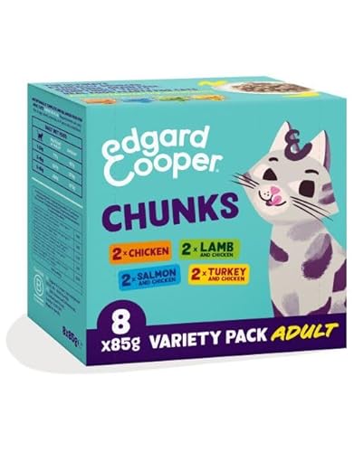 Edgard Cooper Stückchen in Soße für Katzen, Multipack, (Huhn/Lamm/Lachs,Truthahn 8 x 85g), ohne Getreide Nutrition, schmackhafte und ausgewogene Ernährung, Hochwertige Proteine von Edgard Cooper