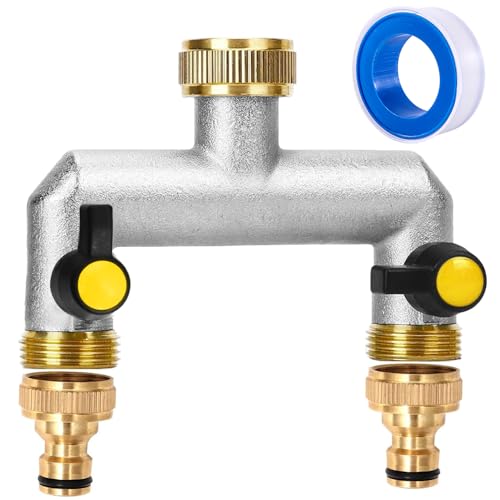 2 Wege Wasserverteiler aus Messing, 3/4" Wasseranschluss Verteiler mit 1/2" Adapter für Garten Bewässerung System, 2 fach Verteiler mit Kugelhahn zum Einstellen und Absperren Wasserflusses (126mm) von Editbar