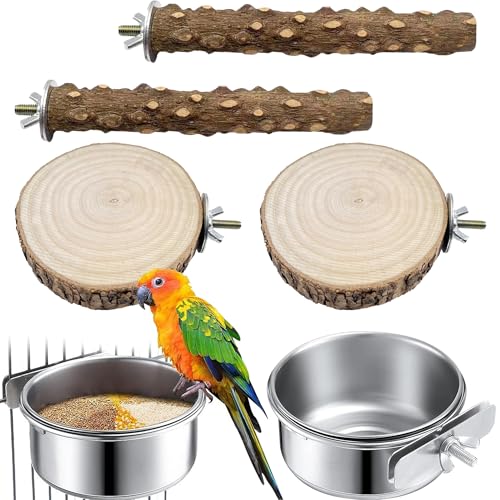 6 Stück Natur Sitzstangen Set für Vögel,Edelstahl Vogel Futternapf zum Einhängen,Vogelkäfig Zubehör,Sitzstangen für Wellensittiche, Edelstahlschüssel Mit Ständer,für Wellensittich Kanarienvogel von Editbar