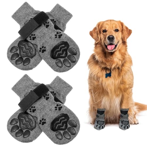 Editbar 4er Hunde Socken mit Anti-Rutsch Sohle - Warme Baumwollsocken für Hunde mit Klettverschluss, Atmungsaktive Pfotenschutz mit Weißen Pfotenabdruck für kleine, Mittlere und Große Hunde(M,Schwarz) von Editbar