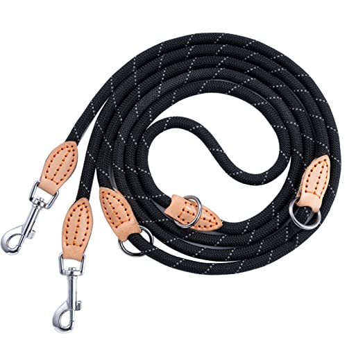 Hundeleine 3m Doppelleine Reflektierend, Premium Hunde Leine 3fach Verstellbar Umhängeleine aus Nylon, Führleine Hund Rund und Bissfest mit 2 Karabiner, Dog Leash Schwarz 14mm von Eeyfarog