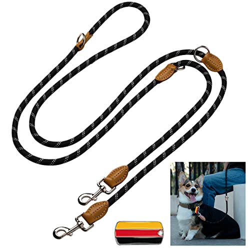 Hundeleine 3m Doppelleine Reflektierend, Premium Hunde Leine 3fach Verstellbar Umhängeleine aus Nylon, Führleine Hund Rund und Bissfest mit 2 Karabiner, Dog Leash Schwarz 14mm von Eeyfarog