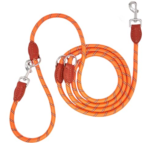 Hundeleine 3m für Große Mittelgroße Hunde mit Reflektierend Führleine Verstellbare Nylon Doppelleine aus Nylon mit 2 Karabinerhaken 3 Ringen14mm Orange von Eeyfarog