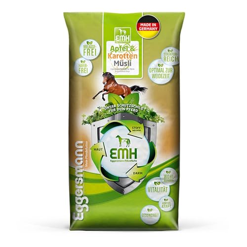 Eggersmann EMH Apfel & Karotten Müsli 15kg - Natürliches Kraftfutter für Pferde - Eiweißreduziertes Pferdefutter ohne Melasse - Ideal für Leichte bis Mittlere Arbeit von Eggersmann Mein Pferdefutter