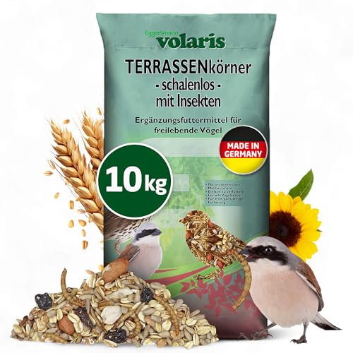 Eggersmann volaris Terrassenkörner mit Insekten 10 kg – Schalenfreies Wildvogelfutter mit Mehlwürmern, Sonnenblumenkernen UVM. – Ganzjahresfutter, Protein- & energiereich – Streufutter für Wildvögel von Eggersmann volaris