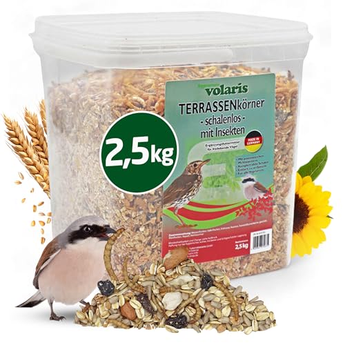 Eggersmann volaris Terrassenkörner mit Insekten 2,5 kg – Schalenfreies Wildvogelfutter mit Mehlwürmern, Sonnenblumenkernen UVM. – Ganzjahresfutter, Protein- & energiereich – Streufutter für Wildvögel von Eggersmann volaris