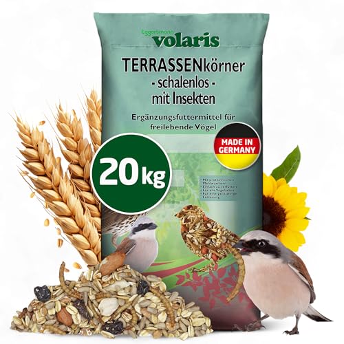 Eggersmann volaris Terrassenkörner mit Insekten 20 kg – Schalenfreies Wildvogelfutter mit Mehlwürmern, Sonnenblumenkernen UVM. – Ganzjahresfutter, Protein- & energiereich – Streufutter für Wildvögel von Eggersmann volaris