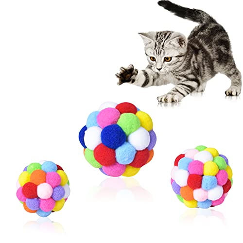 Ehuihuan Bunte Plüschbälle Katzenspielzeug, Interaktives Katzenspielzeug Ball mit Glocke, 3er Set Bunte Katzenbälle für Kitten, Katzenspielzeuge für Katzen und Kätzchen, Spiel und Spaß, L M S von Ehuihuan