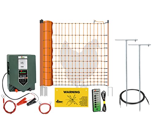 50 m Geflügelzaun komplett mit leistungsstarkem 12V Weidezaungerät & Geflügelnetz, inkl. Zaun- Batterieprüfer, Erdungspfählen und Anschlussmaterial von Eider Landgeräte GmbH