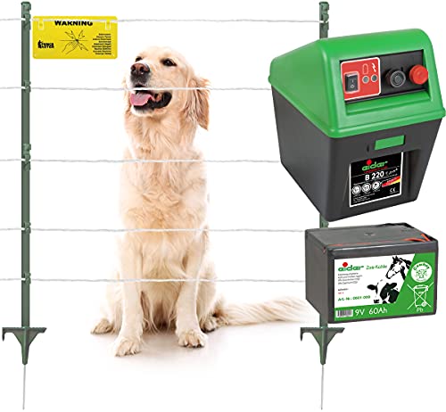 Eider Elektrozaun Komplett-Set für Hunde & Kleintiere – mit 9V/12V Stromgerät, 250m leitfähige Litze – Mobile, hütesichere Einzäunung für den Garten oder Unterwegs – Variable Länge & Höhe von Eider