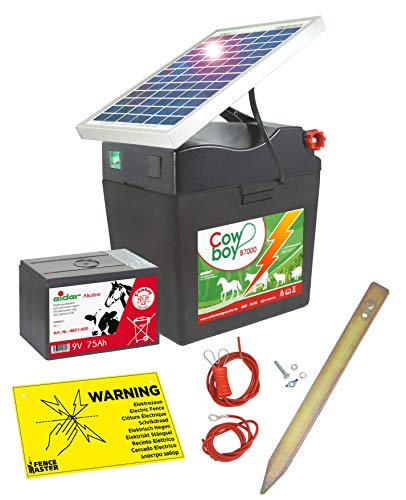 Eider Solar Weidezaungerät Cowboy B 7000 mit 5 Watt Solarmodul & 9V Batterie Alkaline, 75 Ah - verlängerte Batterielaufzeit durch Moderne Solartechnik - erste Wahl für Pferde- & Ponyzaun von Eider