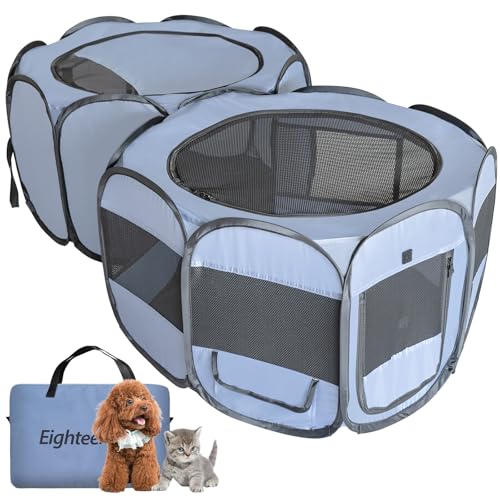 EighteenTek 2 Zimmer Laufstall für Hunde, tragbar, für Welpen, Katzen, Kätzchen, für drinnen und draußen, Spielzelt, Doppelzimmer, grau, 147,3 cm L x 76,2 cm B x 43,2 cm H von EighteenTek